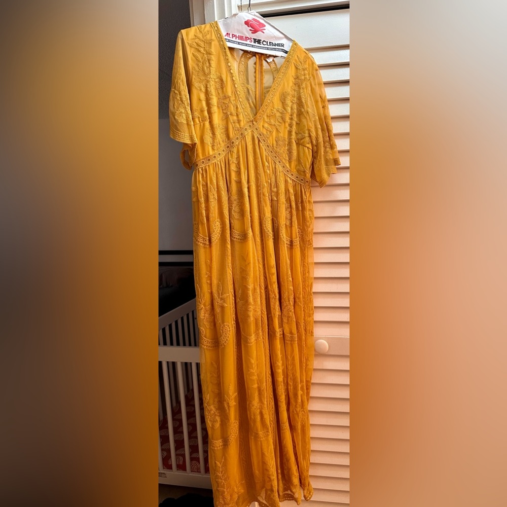 PinkBlush Mustard Lace Mesh Overlay Maternity Maxi Dress Worn Once